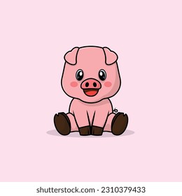 Vector cute baby pig cartoon sitting icon illustration. Flat pig vector illustration, flat icon sticker isolated.