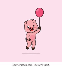Vector cute baby pig cartoon floating holding ballon icon illustration. Flat bear vector illustration, flat icon sticker isolated.