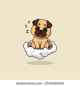 Vector cute baby pug dog cartoon sleeping on the cloud icon illustration. Flat cute animal vector illustration, flat icon sticker isolated.