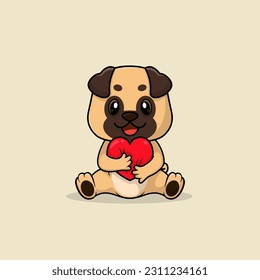 Vector cute baby pug dog cartoon holding love icon flat illustration. Flat cute animal vector illustration, flat icon sticker isolated.