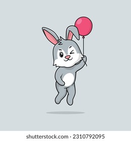 Vector cute baby rabbit cartoon floating holding ballon icon illustration. Flat bear vector illustration, flat icon sticker isolated.