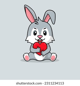 Dibujo vectorial lindo de conejo bebé sosteniendo un icono de amor ilustración plana. Ilustración vectorial lisa y llana, aislada con icono plano.