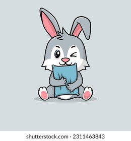 Vector cute baby rabbit cartoon hug pillow flat vector icon illustration. Flat vector illustration, flat icon sticker isolated.
