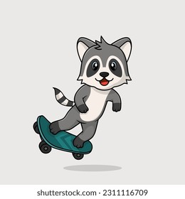 Vector cute baby racoon cartoon playing skateboard icon flat illustration. Flat bear vector illustration, flat icon sticker isolated.