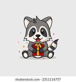 Vector cute baby racoon cartoon happy holding gift flat icon illustration. Flat bear vector illustration, flat icon sticker isolated.