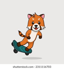 Vector cute baby red panda cartoon playing skateboard icon flat illustration. Flat bear vector illustration, flat icon sticker isolated.