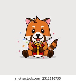 Vector cute baby red panda cartoon happy holding gift flat icon illustration. Flat bear vector illustration, flat icon sticker isolated.
