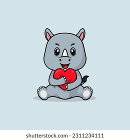 Vector cute baby rhino cartoon holding love icon flat illustration. Flat cute animal vector illustration, flat icon sticker isolated.