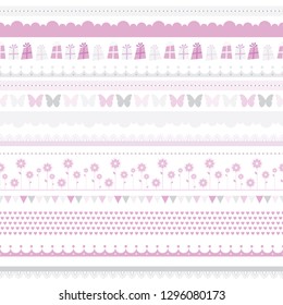 Vector Cute Baby Seamless Border. Child Birthday Pattern. Vector Female Background. Scrapbooking Kids Card, Baby Party Clipart. Illustration With Butterfly, Flowers, Hearts.