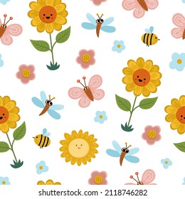 Vector cute baby seamless pattern with sunflower, butterfly, bee, sun. Funny repeating background with adorable kawaii characters. Childish flat summer floral digital paper for kids
