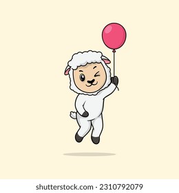 Vector cute baby sheep cartoon floating holding ballon icon illustration. Flat bear vector illustration, flat icon sticker isolated.