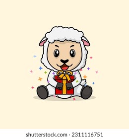 Vector cute baby sheep cartoon happy holding gift flat icon illustration. Flat bear vector illustration, flat icon sticker isolated.