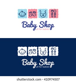 Vector cute baby shop logo in doodle style. Kids store logotype