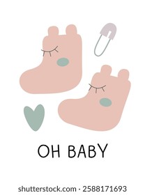 Vector cute baby shower card with little booties and  with heart. Vector illustration of cute little booties. Oh baby card