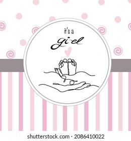 Vector cute baby shower invitation card with text It's a girl and illustration in line art style of hand holding baby heels