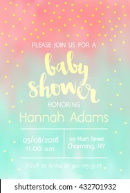 Vector cute Baby Shower invitation with lettering for girl. Blurred background with gold foil confetti