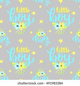 Vector cute baby Shower invitation with lettering for boy with watercolor flower.. Baby Shower Invitation Template. Pattern