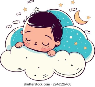 Vector lindo bebé durmiendo en la nube ilustración del icono de la almohada