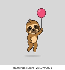 Vector cute baby sloth cartoon floating holding ballon icon illustration. Flat bear vector illustration, flat icon sticker isolated.