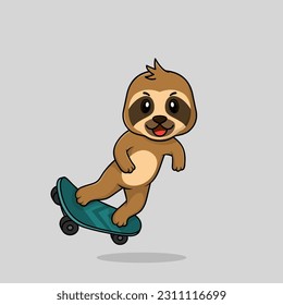 Vector cute baby sloth cartoon playing skateboard icon flat illustration. Flat bear vector illustration, flat icon sticker isolated.