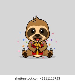 Vector cute baby sloth cartoon happy holding gift flat icon illustration. Flat bear vector illustration, flat icon sticker isolated.