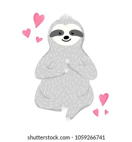 Vector cute baby sloth illustration. Adorable hand drawn animal design for greeting card, invitation, poster, sticker, t-shirt print, cover or phone case, nursery decoration