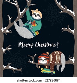 Vector cute baby sloths. Funny sloths dressed up in winter style, first girl holding gift box, second hipster boy sleeping on the tree. Merry christmas card, poster, banner, background. Winter design