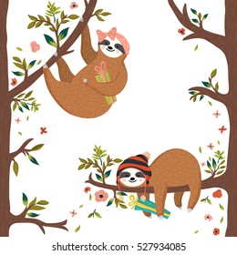 Vector cute baby sloths. Funny sloths hanging on the tree, first girl holding gift box, second hipster boy sleeping on the branch. Adorable hand drawn forest animals. Vector illustration