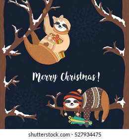 Vector cute baby sloths. Funny sloths dressed up in winter style, first girl holding gift box, second hipster boy sleeping on the tree. Merry christmas card, poster, banner, background. Winter design