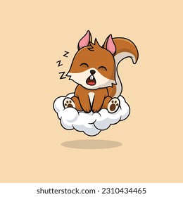 Vector cute baby squirrel cartoon sleeping on the cloud icon illustration. Flat cute animal vector illustration, flat icon sticker isolated.