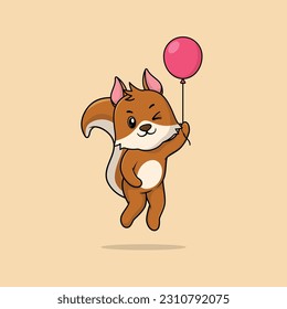 Vector cute baby squirrel cartoon floating holding ballon icon illustration. Flat bear vector illustration, flat icon sticker isolated.