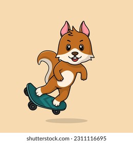 Vector cute baby squirrel cartoon playing skateboard icon flat illustration. Flat bear vector illustration, flat icon sticker isolated.