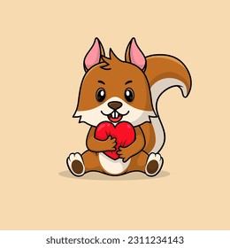 Vector cute baby squirrel cartoon holding love icon flat illustration. Flat cute animal vector illustration, flat icon sticker isolated.