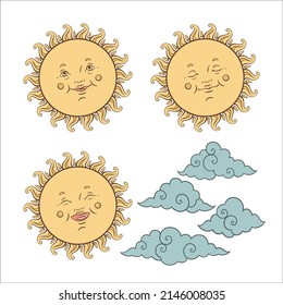 Vector cute baby sun and clouds. Pastel hand drawn nursery or textile design for kids