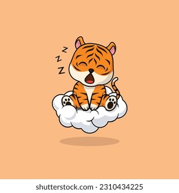 Vector cute baby tiger cartoon sleeping on the cloud icon illustration. Flat cute animal vector illustration, flat icon sticker isolated.