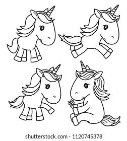 Vector Cute Baby  Unicorn Black  Silhouettes, Isolated On White.