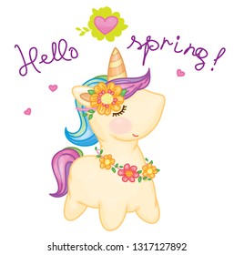 Vector cute  baby unicorn cartoon.Vector cute  baby unicorn cartoon. Hello spring.