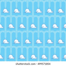 Vector cute baby whales are spraying water on each other. Seamless. Flat design.