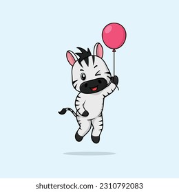 Vector cute baby zebra cartoon floating holding ballon icon illustration. Flat bear vector illustration, flat icon sticker isolated.