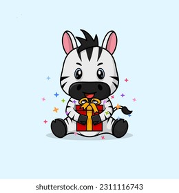 Vector cute baby zebra cartoon happy holding gift flat icon illustration. Flat bear vector illustration, flat icon sticker isolated.