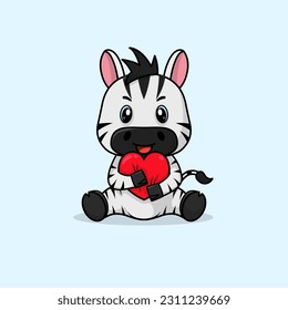 Vector cute baby zebra cartoon holding love icon flat illustration. Flat cute animal vector illustration, flat icon sticker isolated.