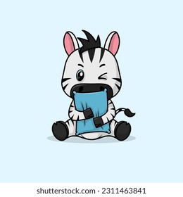 Vector cute baby zebra cartoon hug pillow flat vector icon illustration. Flat vector illustration, flat icon sticker isolated.