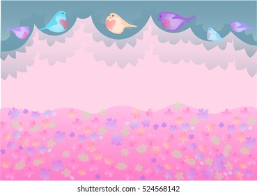 vector cute background with birds and flowering meadow