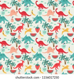  Vector Cute background with dinosaurs and fruits watermelon, apple, pear, banana cartoon illustration.