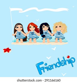 vector, Cute background with lovely little four girls holding hands, Friendship