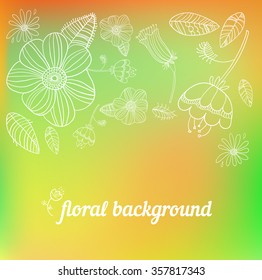 Vector cute background with sketch flowers on green
