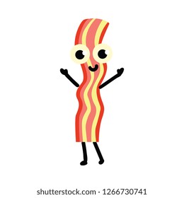 vector cute bacon stripe meat character icon, humanized snack, pork food object with face, arms and legs smiling for kids restaurant menu. Isolated illustration