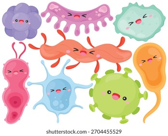Vector Cute Bacteria Clip Art Set Kawaii Microbiology Germ Virus Character Cartoon Illustration Isolated on White Background Graphic Science Kids