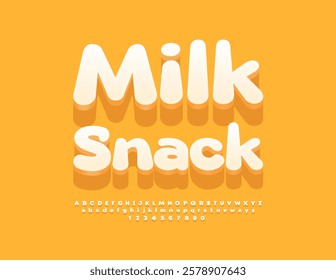 Vector Cute Badge Milk Snack. Creative White Font. Isometric Digital Alphabet Letters and Numbers set. 