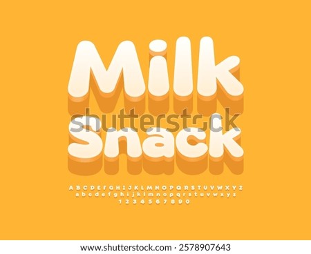 Vector Cute Badge Milk Snack. Creative White Font. Isometric Digital Alphabet Letters and Numbers set. 